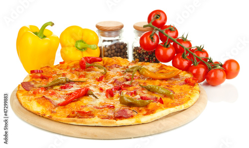 Photo: Tasty pepperoni pizza with vegetables Tasty pepperoni pizza with vegetables