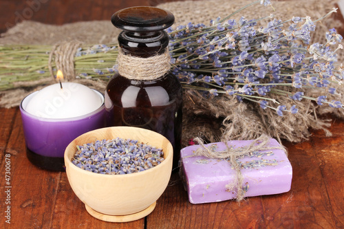 Photo: Lavender flowers and jar Lavender flowers and jar