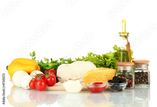 Photo: Ingredients for pizza isolated on white Ingredients for pizza isolated on white