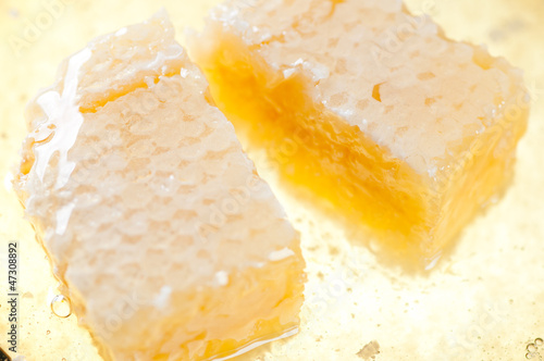Photo: Horizontal shot of honeycomb pieces and honey, close-up Horizontal shot of honeycomb pieces and honey, close-up