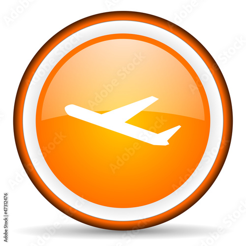 Illustration: airplane orange glossy circle icon on white background airplane orange glossy circle icon on white background
