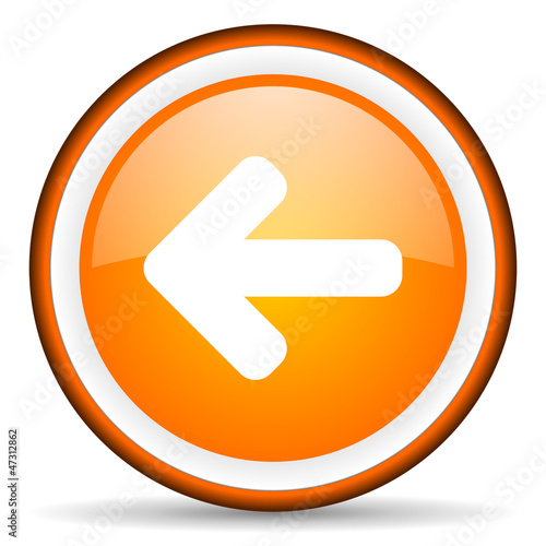 Illustration: arrow left orange glossy circle icon on white background arrow left orange glossy circle icon on white background