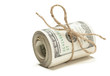 Roll of One Hundred Dollar Bills Tied in Burlap String on White