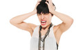 Woman in pain screaming, studio shot isolated on white