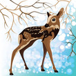 Young deer in a winter forest, vector illustration