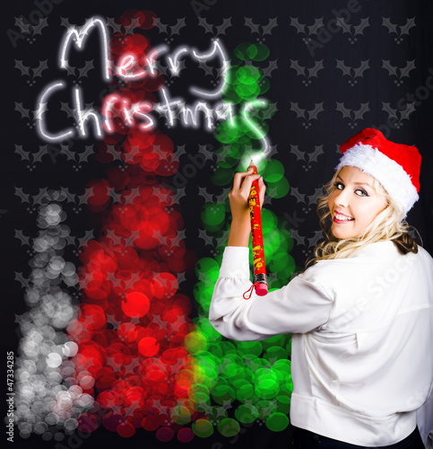 Photo: Smiling Girl Drawing Christmas Tree Illustration Smiling Girl Drawing Christmas Tree Illustration