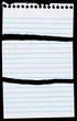 Notepaper page torn in 3 pieces isolated on black.