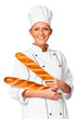 Foto: Cute female chef holding up a beautiful loaf of Italian Bread. Cute female chef holding up a beautiful loaf of Italian Bread.