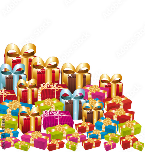 Illustration: Huge pile of colorful festive gifts. Huge pile of colorful festive gifts.