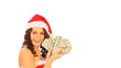 Woman in Santa hat holding money dollar.