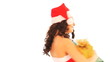Happy woman in Santa hat holding stack gift box.
