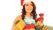 Woman in Santa hat holding stack gift box.