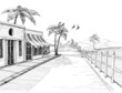 Small and quiet city at sea shore, street view sketch