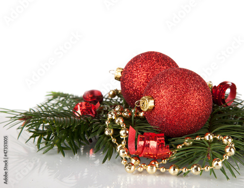 Photo: Christmas balls with pine and decorations Christmas balls with pine and decorations
