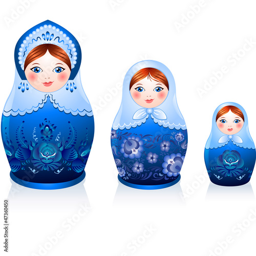 Vector: Three Russian tradition matryoshka dolls in gzhel style Three Russian tradition matryoshka dolls in gzhel style