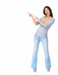 Photo: Young beautiful woman showing copyspace. Young beautiful woman showing copyspace.