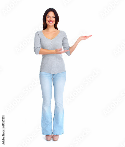 Photo: Young beautiful woman showing copyspace. Young beautiful woman showing copyspace.