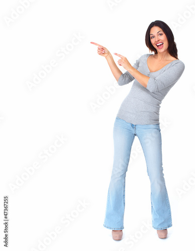Photo: Young beautiful woman showing copyspace. Young beautiful woman showing copyspace.