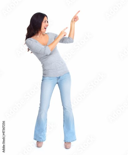 Photo: Young beautiful woman showing copyspace. Young beautiful woman showing copyspace.