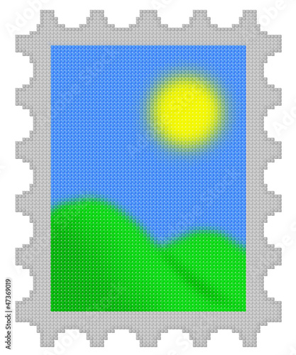 Illustration: Cubes pixel color image of postage stamp Cubes pixel color image of postage stamp