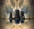 Nuclear power plant on the coast. Ecology disaster concept.