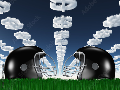 Illustration: Football Helmet on Grass with DollarSymbol Clouds Football Helmet on Grass with DollarSymbol Clouds