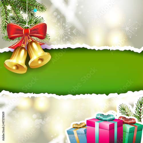 Vector: Christmas bells with pine tree and gifts Christmas bells with pine tree and gifts