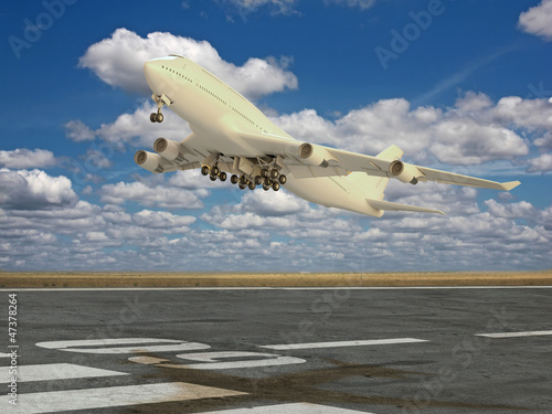 Illustration: Airplane taking off at sunset Airplane taking off at sunset