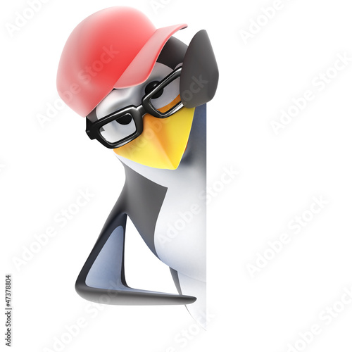 Illustration: Penguin in baseball cap behind blank space Penguin in baseball cap behind blank space