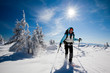 Hiker in winter mountains snowshoeing