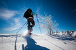 Hiker in winter mountains snowshoeing