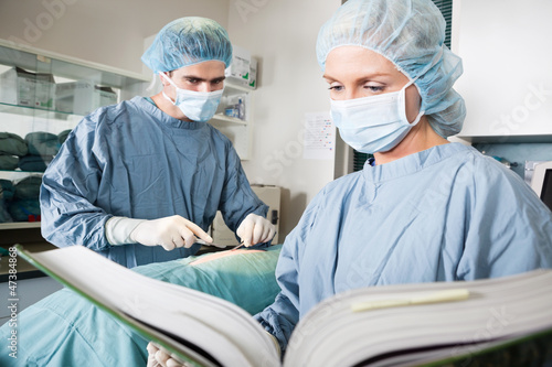 Photo: Veterinarian Doctor And Female Assistant In Surgical Theatre Veterinarian Doctor And Female Assistant In Surgical Theatre