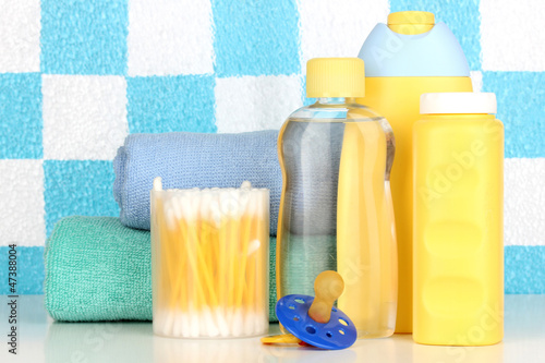 Photo: Baby cosmetics in bathroom Baby cosmetics in bathroom