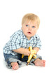 Little boy with banana, isolated on white