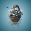 Mini Earth planet 3d render with full of buildings day time