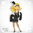 Vector: Cute blond woman with mouthpiece on white Retro party card Cute blond woman with mouthpiece on white Retro party card