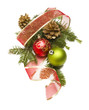 Christmas Ornaments, Pine Cones, Red Ribbon and Pine Branches on