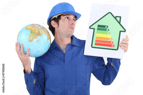 Photo: A manual worker promoting reducing carbon emissions. A manual worker promoting reducing carbon emissions.
