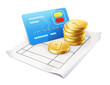 Credit card and coins on the sheet