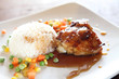 Grilled Chicken teriyaki rice on wood background