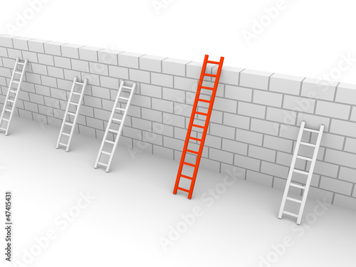 Illustration: Several ladders with different length leaning the brick wall Several ladders with different length leaning the brick wall