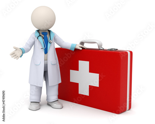 Illustration: 3d doctor and big red first aid case with cross 3d doctor and big red first aid case with cross