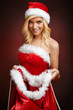 Beautiful sexy girl opens Santa Claus gift sack.