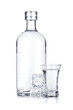 Bottle of vodka and shot glass with ice