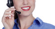 Cheerful call center operator against white background