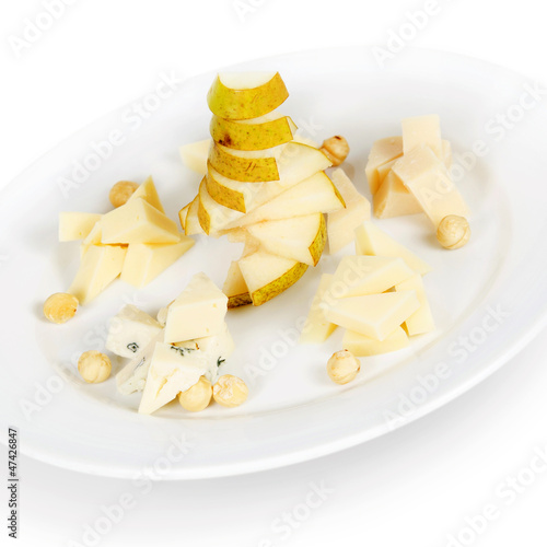Photo: cheese plate. isolated on white background cheese plate. isolated on white background