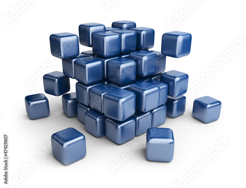 Illustration: Assemble or destruction cubes. 3D Illustration isolated on white Assemble or destruction cubes. 3D Illustration isolated on white