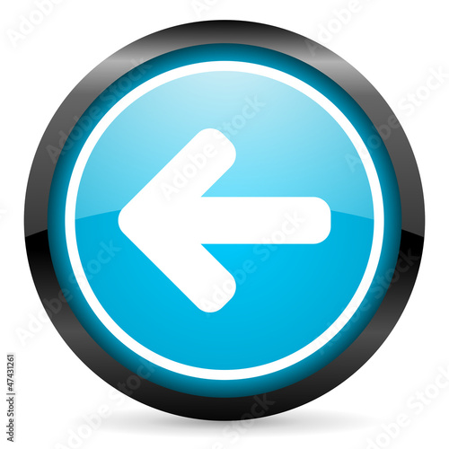 Illustration: arrow left blue glossy circle icon on white background arrow left blue glossy circle icon on white background