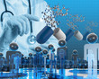 scientist doctor hand touch virtual molecular structure in the l