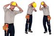 Scared builder covering his head